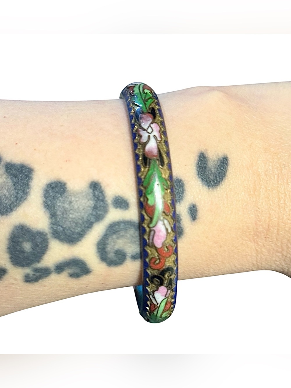60’s Vintage Cloisonné Blue Brass Champlevé Enamel Floral Bangle Bracelet